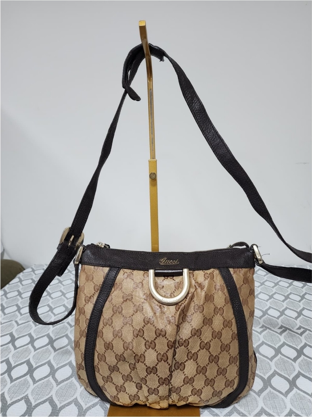 GUCCI Crystal Monogram Small D Gold Ring Messenger Bag Dark Brown/Beige
